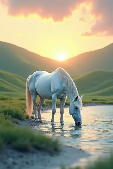 Can you generate me a picture with sunset green hills at the back and and ocean from which a white horse is drinking water from.