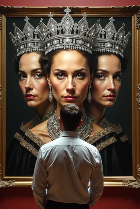  A serious and ultra realistic painting showing a queen with three heads.  Each head has a crown of extremely detailed diamonds .  This painting hangs on the wall of a museum .   There is the torso of a man with his back observing the masterpiece. 