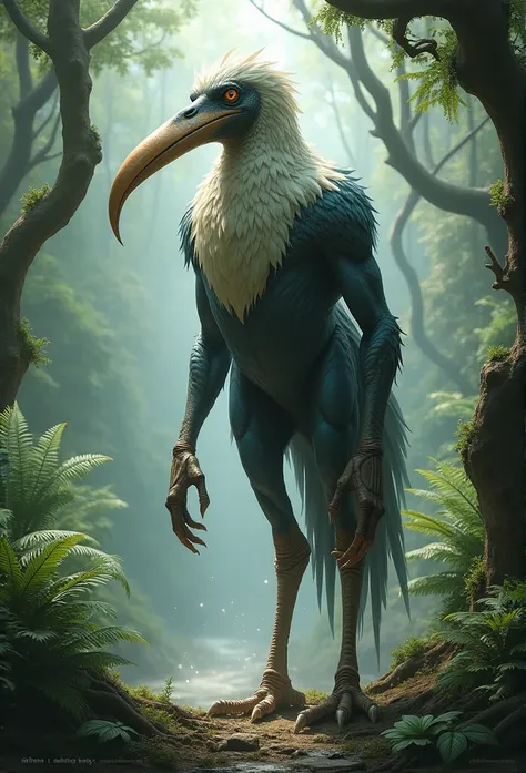 Long-billed humanoid bird with elephant legs 