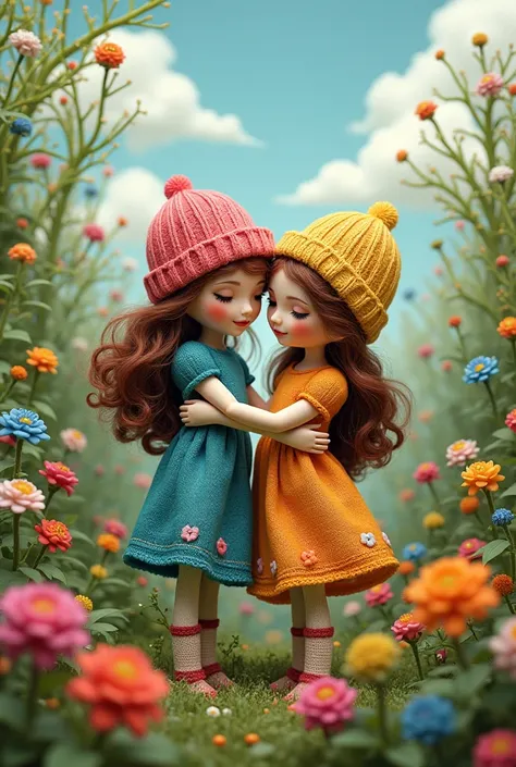  Cross-stitch dolls kissing each other embracing each other in a forest with lots of colorful flowers. The sky has cotton clouds 