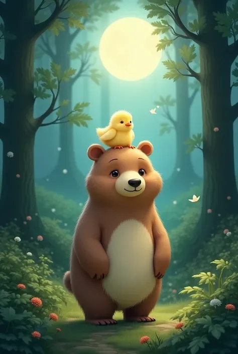 A bear with a chick and the moon in the background in a forest