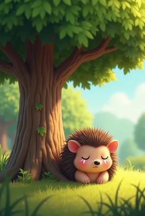 A hedgehog crying under a tree animated for preescool 