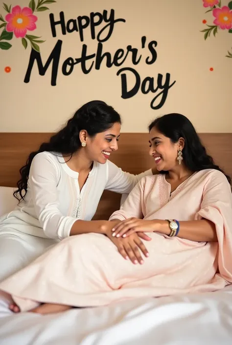 For girls 
A real 19 year old Indian girl mother is a bed in a room, the girl holds his women leg with his hand, both are smiling, the girl are wearing white kurti, and name "Payal" write on kurti in big white latter, and women wearing a saree, clear on th...