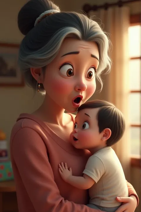 Surprised 55-year-old grandmother holding a baby girl in her arms, expressive face, fine wrinkles, grayish black hair, kind eyes, surprised expression, mouth open, baby girl looks surprised too, big eyes, small hands, soft light, warm colors, realistic tex...