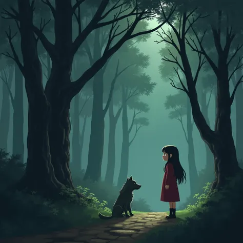 Lina feels a strong urge to help the puppy, but her fear of the forest holds her back. She remembers stories she’s heard: whispering trees, shadowy creatures, getting lost in the darkness.
 Lina standing at the edge of the forest, her face showing fear and...