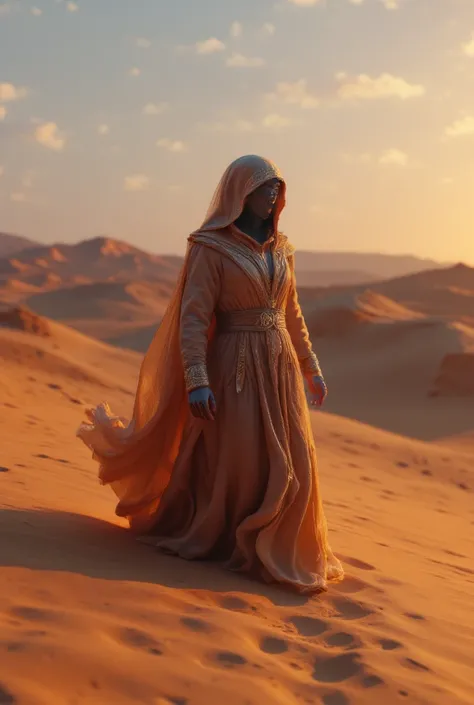 (best quality, 128k, highres, masterpiece:1.2), ultra-detailed, (realistic, photorealistic, photo-realistic:1.37), ((masterpiece)) ((photography)) ((Highest quality)) In the vast expanse of the Sahara, a dark goddess reigns, her robe blending seamlessly wi...