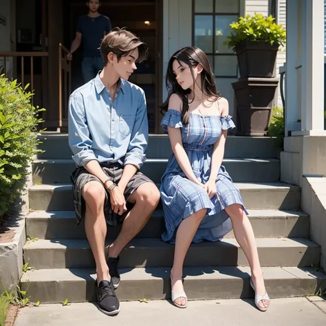 Young couple are sitting on different step of outdoor stairs. Talking. Boy is wearing unbuttoned plaid shirt, training shoes. 
Girl is wearing a long dress and slipper.