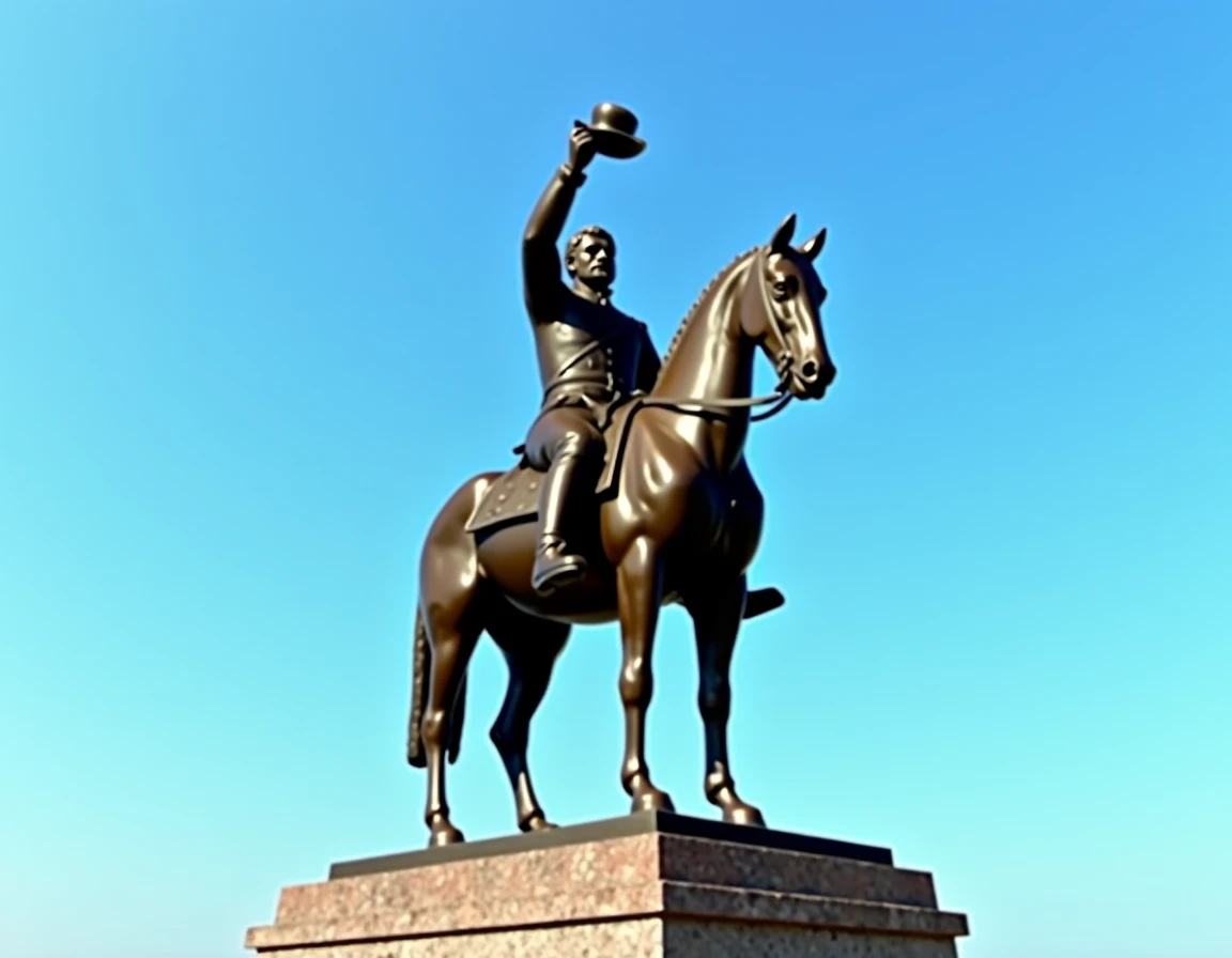 Create a detailed image of the equestrian statue of Marechal Deodoro da Fonseca, the first president of Brazil. The statue is made of bronze and depicts the marshal mounted on a horse, with his right arm raised holding a hat in a gesture of greeting or lea...