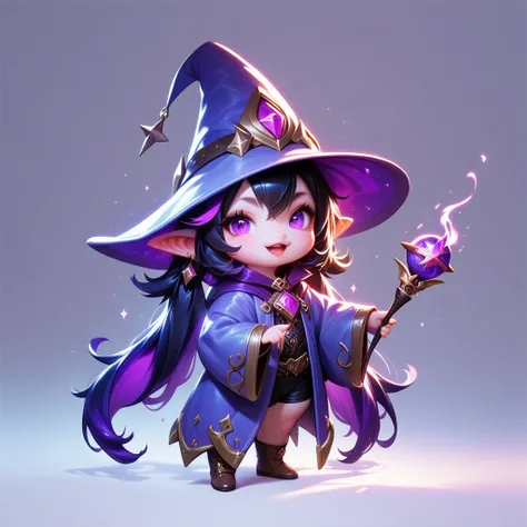 ksbt, A vibrant chibi-style illustration, Wizard, wearing purple Flowing robe, pointed hat, holding a wand, adorned with mystical symbols and gems
