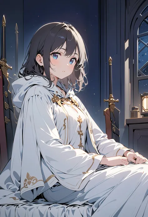 1 girl, Full Body Portrait, Long black hair , blue-black eyes , sit on the bed ,night, White Robe ,cloak, show your legs , showing arms , Display of weapons ,Mature charm, cute