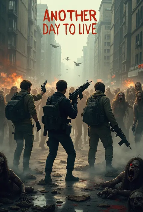  Create the cover of a book about zombies , tipo the walking dead,  whose theme is ANOTHER DAY TO LIVE , With the theme on the cover . And the armed characters shooting at the zombies
