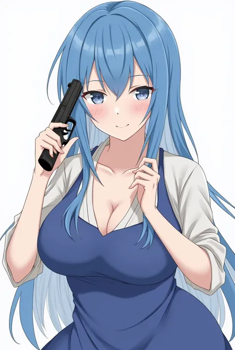 Blue haired anime with squats, short hair, Miko dress, big boobs, straight to the chest, open the shirt, hold a pistol in one hand, hold a pistol in one hand, hold her face, long hair, bow her face, look, smile, eyes.