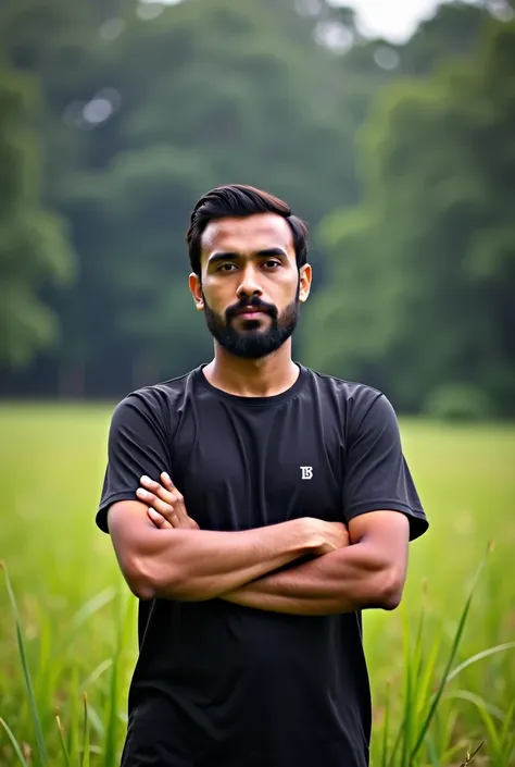 arafed man standing in a field with his arms crossed, a picture inspired by Rudy Siswanto, unsplash, sumatraism, in front of a forest background, portrait shot 8 k, shot on canon eos r 5, shot on canon eos r5, amidst nature, profesional photography, bokeh ...