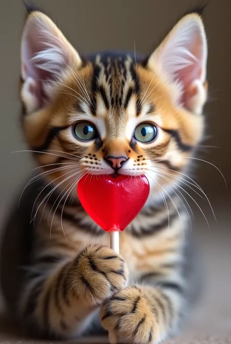 Create the image of a tabby kitten with a red heart-shaped lollipop. He has it stopped with his paws and is laminating it. His face is full of joy and charm for licking the sweetness of the lollipop.at 