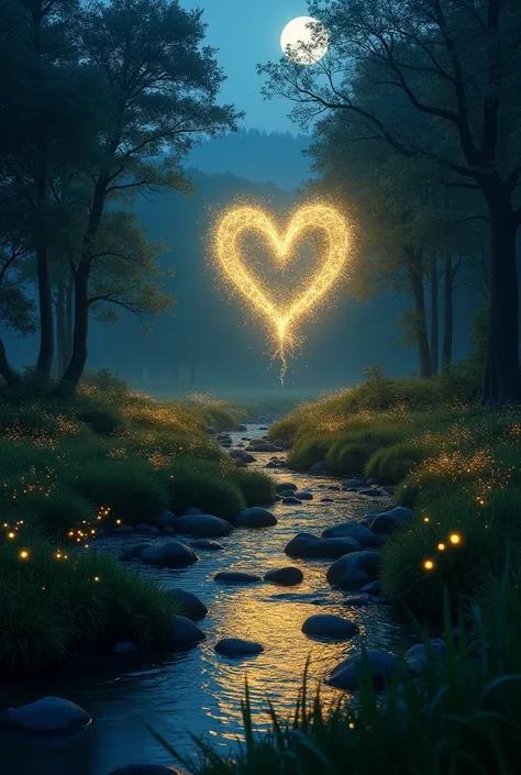 A mystical nighttime meadow bathed in soft moonlight, surrounded by shadowy trees. In the center, a shallow, crystal-clear river winds through, dotted with smooth, moss-covered boulders. The air is alive with glowing fireflies, their golden lights convergi...