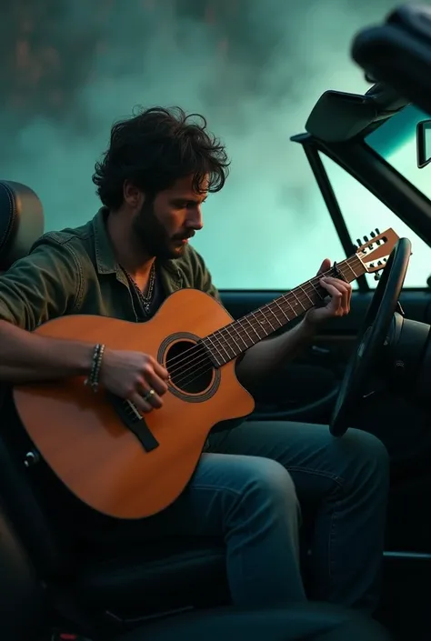 Best Art Hyperealistic, UHD, HDR, 5D, "A rugged musician playing an acoustic guitar inside a convertible car, dramatic lighting with smoky surroundings, emphasizing a moody and artistic vibe. The person is casually dressed, sitting in the drivers seat, foc...