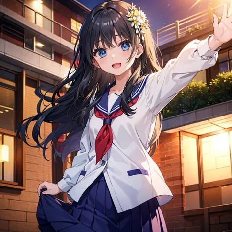 (( top quality )), ((masterpiece)), (  Details), ( super high res)、Saten Ruiko、
 black hair、 blue eyes、 long hair、 hair ornament、Floral decoration、青い skirt 、プリーツ skirt 、佐久川学校uniform、uniform、 sailor suit、 skirt 、Summer clothes、
perfect face、 perfect body、Pe...