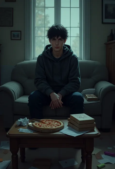 Jay, a young man with short black hair, wearing a dark hoodie and black jeans, sits on a worn-out couch in a cluttered living room. His posture is slightly slouched, legs apart, and hands resting on his knees, exuding a mix of frustration and contemplation...