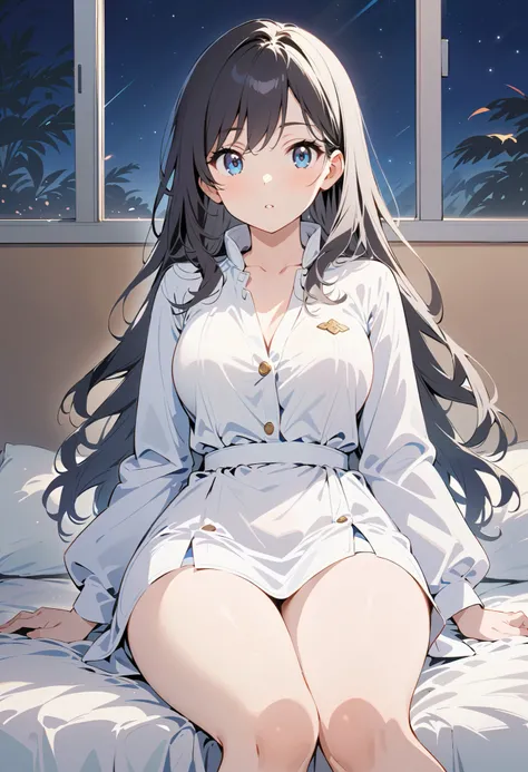 1 girl, Full Body Portrait, long hair,black hair , blue-black eyes , sit on the bed ,night, White Robe , white cape, show your legs , showing arms ,Mature charm, cute,travel outfit