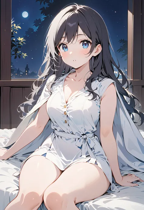 1 girl, Full Body Portrait, long hair,black hair , blue-black eyes , sit on the bed ,night, White Robe , white cape, show your legs , showing arms ,Mature charm, cute,travel outfit