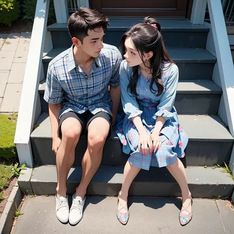 View from above. Side view.

Young couple are sitting on different step of outdoor stairs. Talking. 

Boy, Man is wearing unbuttoned plaid shirt, training shoes. 

Girl, woman is wearing a long small floral pattern dress and slipper.