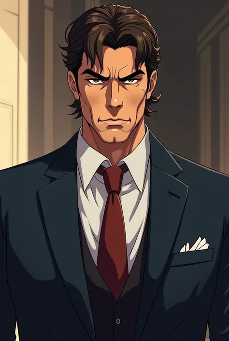  Flatten anime image A man has dark brown hair, has dark brown eyes ,  he is a handsome Italian mobster and looks mature  