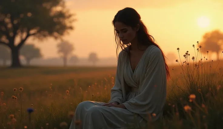 "A biblical woman wearing simple garments ,  sitting on a serene field at dusk ,  with an expression of sadness and reflection ,  symbolizing her condition of sterility . In the background,  the landscape transmits tranquility with trees and wild flowers."...