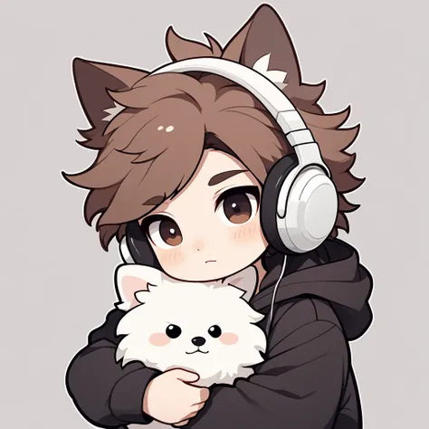 "A young boy with bright brown hair , bright skin, and the soft expression , wearing an oversized black jacket.  He wears silver headphones around his neck and has earrings in his left ear .  The boy hugs an adorable looking white fluffy Pomeranian dog.  T...