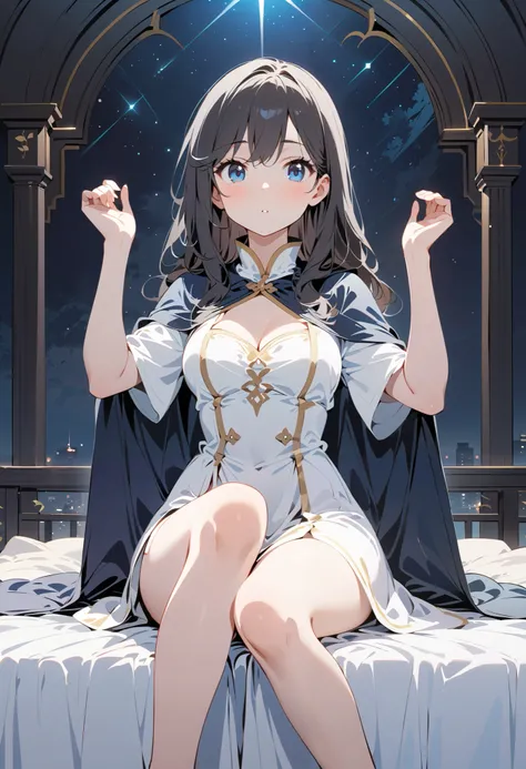 1 girl, Full Body Portrait,full, long hair,black hair, blue-black eyes , sit on the bed ,night, white robe with high openings on both sides, black cape, show your legs , showing arms ,gun,Mature charm, cute
