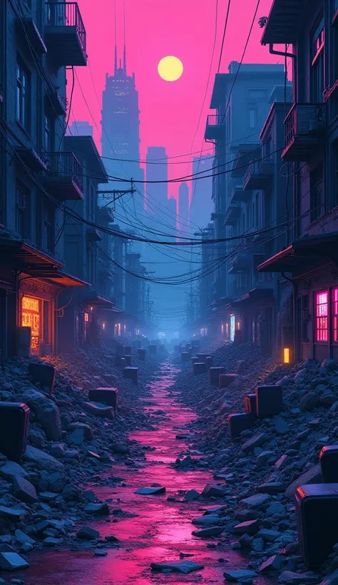  cyberpunk background 、 strange in the background 、Piping、ruins、Town、building、Opportunity: Trash Pile 、 cathode ray tube televisions are piled up、Square、 Illustration with Delicate Outline Animation Touch、 Cyberpunk Neon Coloring 、Near future