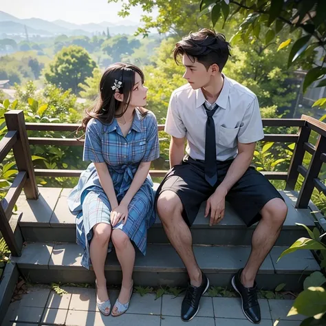 View from above. Side view. View from tree branch. Foreground leaves and branches.

Young couple are sitting on different step of outdoor stairs. Talking. 

Boy, Man is wearing unbuttoned plaid shirt, training shoes. 

Girl, woman is wearing a long small f...