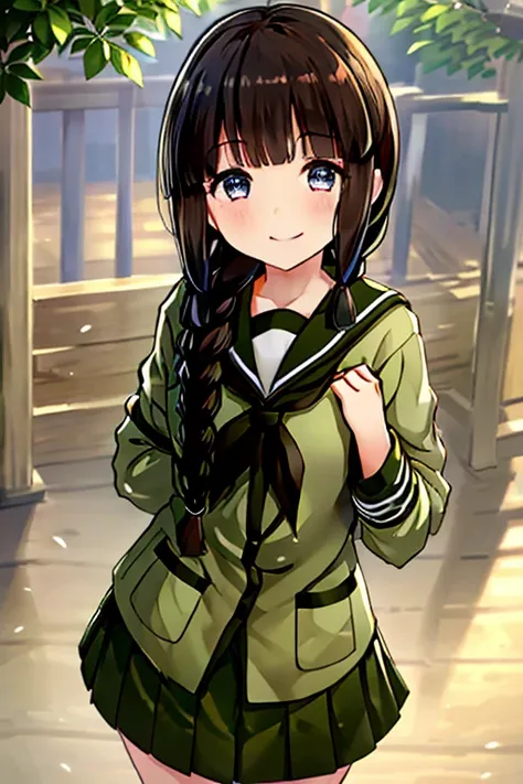  shiny brown hair , long hair,  、((Two braids:1.5、 hair hanging over shoulders )), beautiful茶色の目、Sparkling Eyes, fine grain、smile、 super detailed eyes、 highly detailed faces being avenged,   High Detail Eye , cowboy shot、

 
最 High Quality 、 high res, mast...