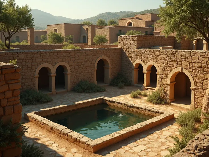 A rectangular mud-brick basin for wine pressing and winemaking in the Roman era, third century BC, Cinematic realistic Scene for residential Cluster, extremely detailed, Enhance details, 4k resolution, real materials. 