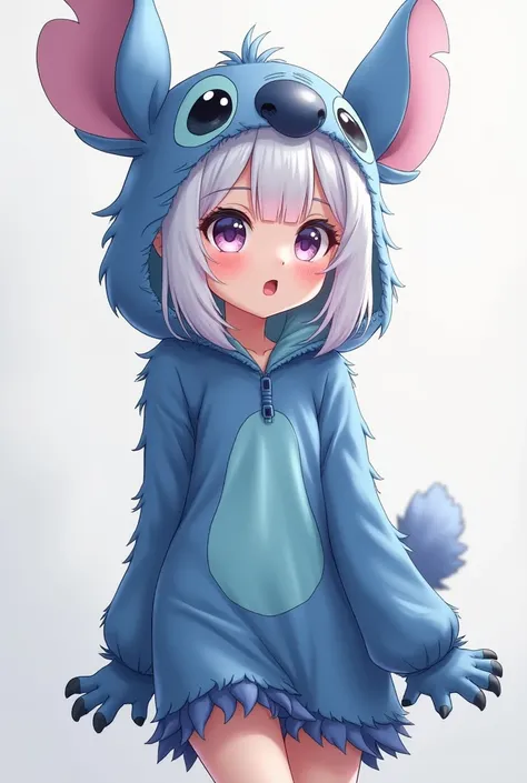 Female anime dressed as Stitch with Stitch ears and white hair with bangs 