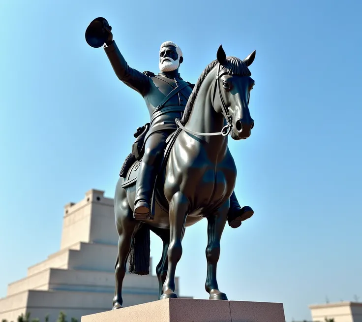 Create a detailed image of the equestrian statue of Marshal Deodoro da Fonseca, the first president of Brazil. The statue is made of bronze and depicts the marshal mounted on a horse, with his right arm raised, holding a hat in a gesture of salute or leade...