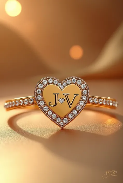 Create a 3D bracelet with diamonds in gold with a heart and the initials J in the heart&V