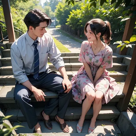 View from above. Side view. View from tree branch. Foreground leaves and branches.

Young couple are sitting on different step of outdoor stairs. Talking and laughing.

Boy, Man is wearing unbuttoned plaid shirt, training shoes. 

Girl, woman is wearing a ...