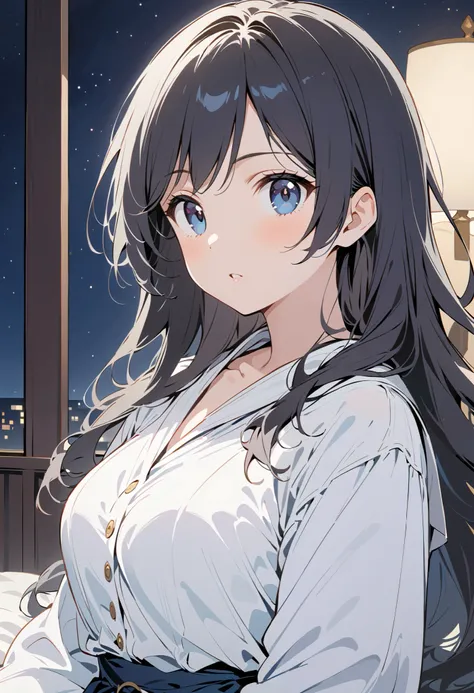 1 girl, Full Body Portrait, long hair,black hair , blue-black eyes , sit on the bed ,night, White Robe , black cape, show your legs , showing arms , Sabre ,Mature charm, cute
