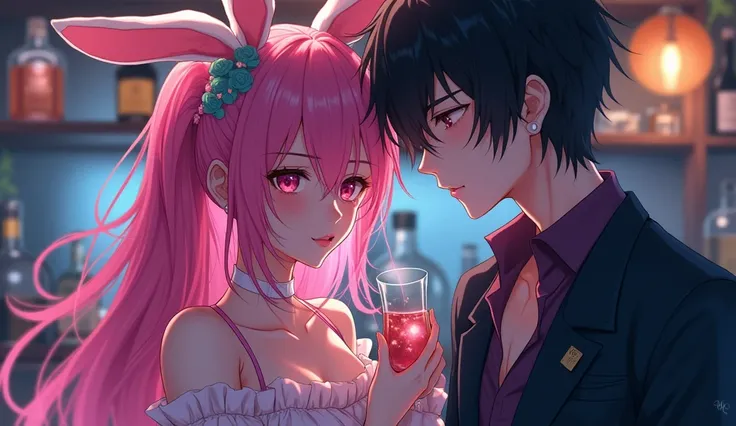 anime　Pink hair color　 bunny girl　 unobtrusive 　 black hair　male　background bar alcohol 