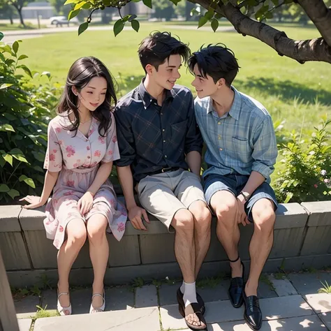 View from above. Side view. View from tree branch. Foreground leaves and branches.

Young couple are sitting on different step of outdoor stairs. Talking and laughing.

Boy, Man is wearing unbuttoned plaid shirt, training shoes. 

Girl, woman is wearing a ...