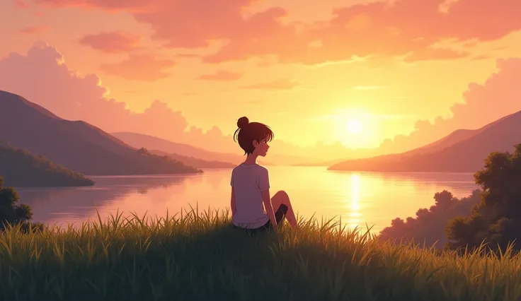 natural scenery. lake. sun. A person sits on a hill at sunset, his eyes looking at the horizon, his smile full of peace. animation