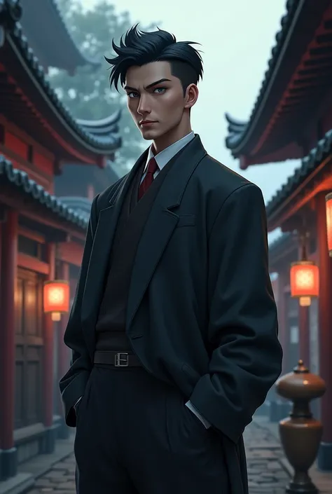 Historian, Japanese, attractive, anime, olden Japan, short well kept black hair, slightly muscular, grey eyes, male, very pretty, slick wolf cut, mappa art style, grey eyes, tall, middle class