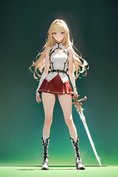 (green background:1.3), No wind, character sprite, wide shot, Break 
1 girl, (cute face), elegant, Confident Look, light smile, 19 years old, Tall, 170 cm tall,, Standing, full body, blonde long hair, hime cut, blue eyes, (medium breasts:1.2), slim, white ...