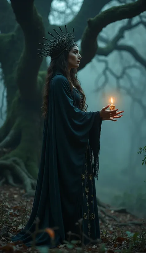 A hauntingly beautiful shot of the witch gesturing towards a small, glowing idol near the tree, her expression shifting between desperation and hope.