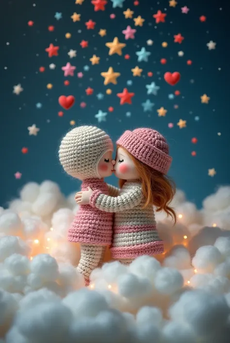  Pair of crochet dolls kissing each other embracing on top of a cotton cloud. In a sky with thousands of stars of many colors made of felt 