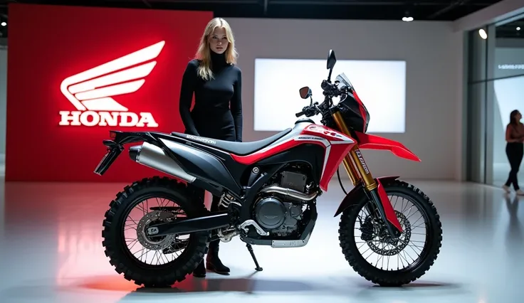 2025 New Honda CRF850 V3 SM Revealed in showroom with woman and add the logo on wall 