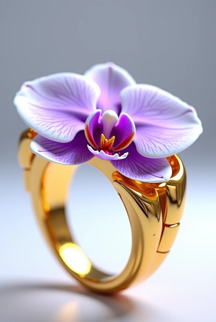 Gold ring creation design with a futuristic lilac orchid flower shape , yellow and white