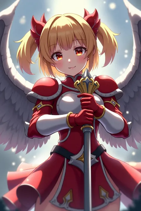 Short-haired blonde girl with two pigtails, wearing red and white armor with metallic wings, holding a legendary hammer, anime.