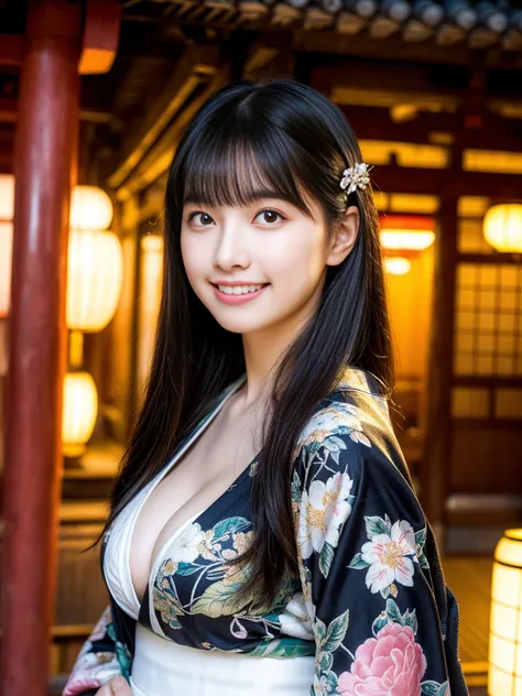 (masterpiece, realistic, photo-realistic:1.2), finely detail, ultra high res, perfect anatomy, best quality, 8K, soft focus, (grin, happy smile:1.3), (2girls, harem, 18yo Japanese girl, detailed kimono with floral patterns, hair ornaments with Japanese sty...