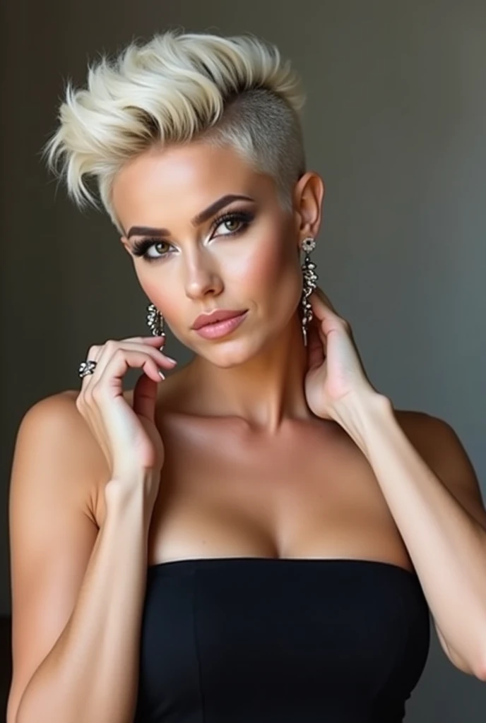 A stylish, modern woman with short platinum hair styled in a textured mohawk, with shaved sides. She looks confident, with flawless makeup highlighting her striking eyes and radiant skin. She is wearing a strapless black dress paired with sophisticated ear...